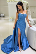 Mermaid Strapless Ruched Satin Long Prom Dress with Slit