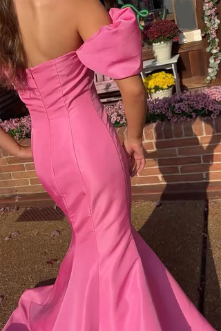 Robe de bal longue sirène en satin à épaules dénudées et manches bouffantes