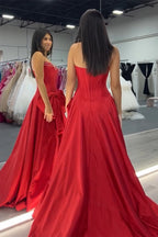 Trendy  Strapless A-Line Satin Long Corset Prom Dress with Bow