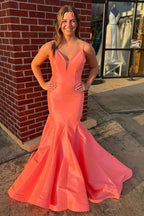 Spaghetti Straps Satin Mermaid Long Prom Dress with Open Back
