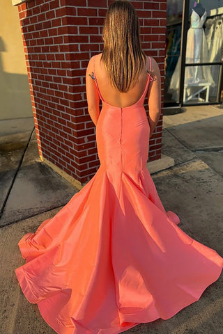 Spaghetti Straps Satin Mermaid Long Prom Dress with Open Back