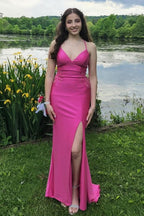 Spaghetti Straps Satin Mermaid Long Prom Dress with Appliques