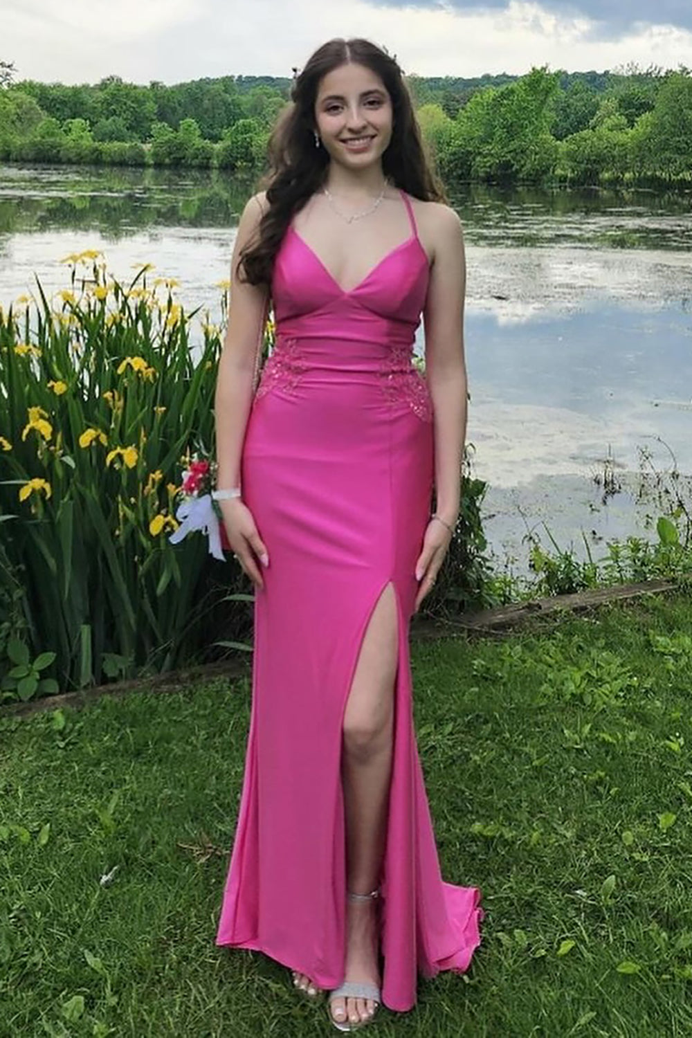 Spaghetti Straps Satin Mermaid Long Prom Dress with Appliques