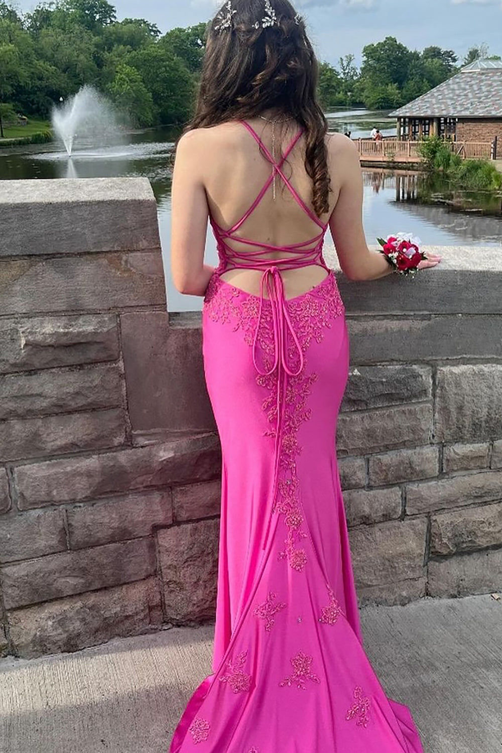 Spaghetti Straps Satin Mermaid Long Prom Dress with Appliques