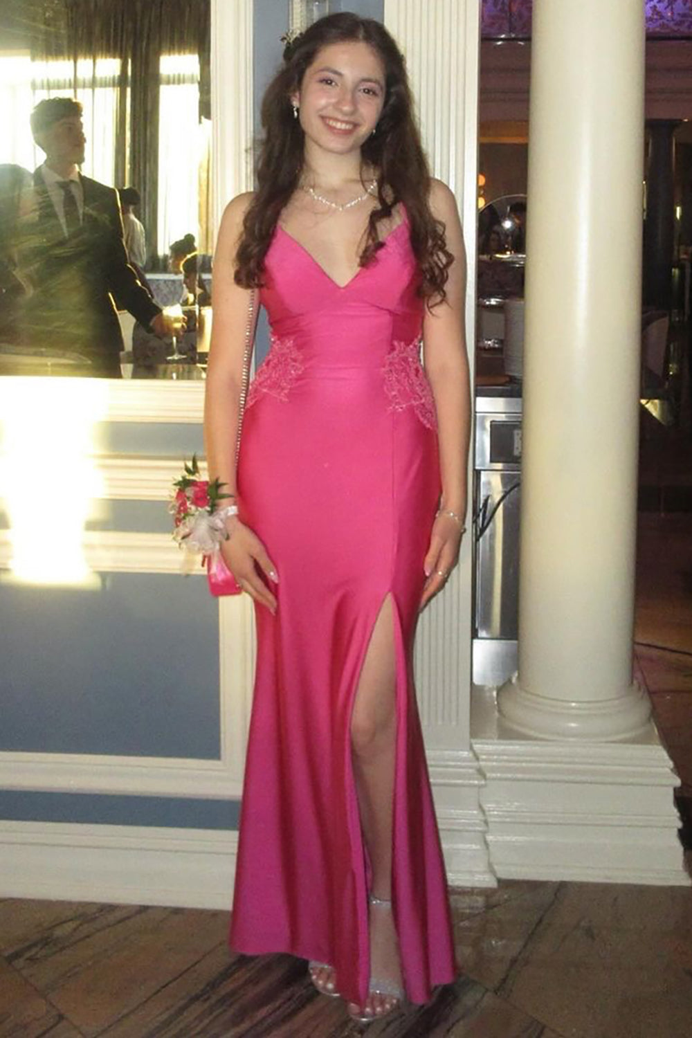 Spaghetti Straps Satin Mermaid Long Prom Dress with Appliques