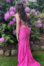 Spaghetti Straps Satin Mermaid Long Prom Dress with Appliques