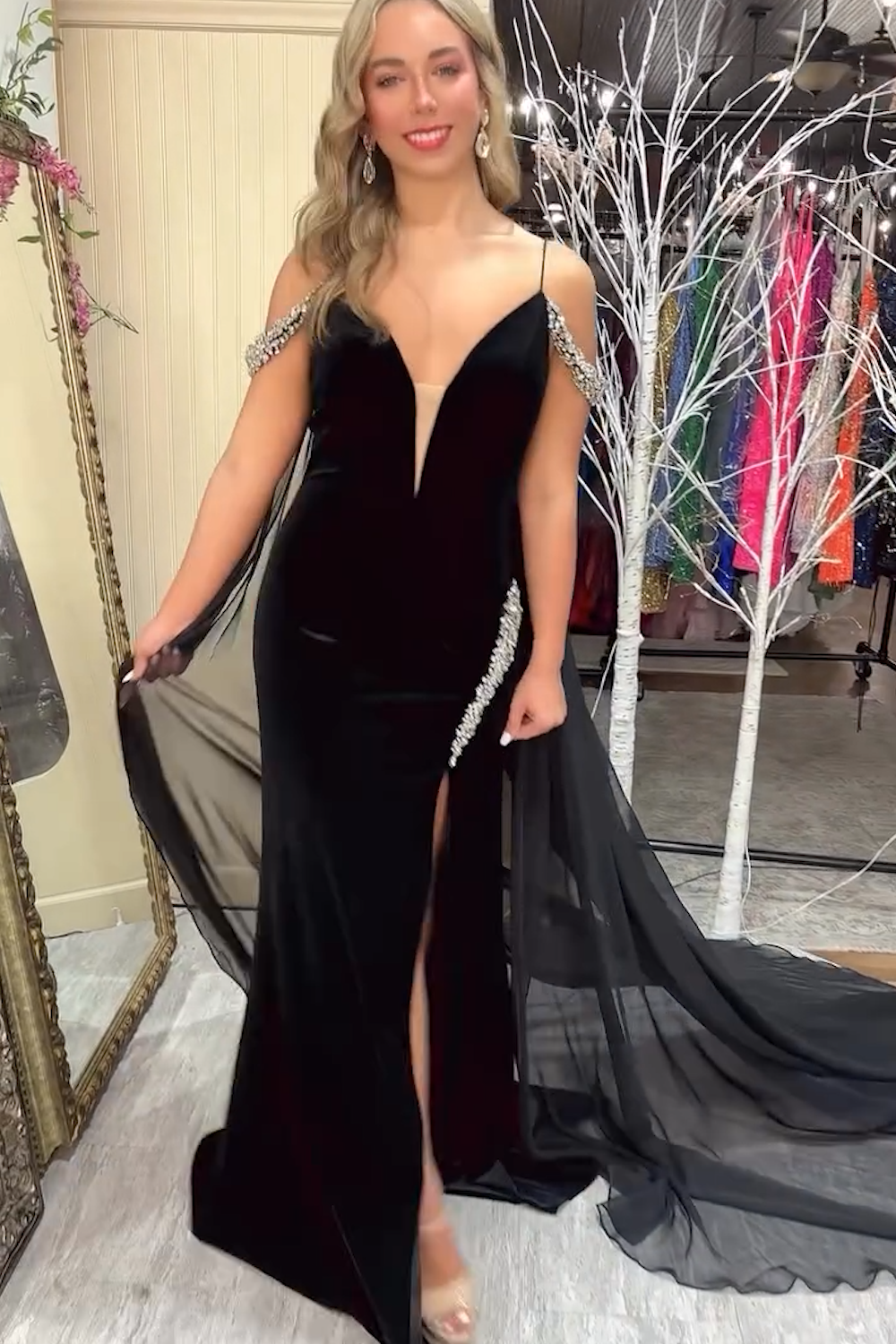Spaghetti Straps Cold Shoulder Caped Mermaid Long Prom Dress with Beading