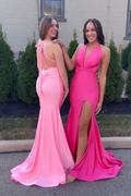 Spaghetti Straps Mermaid Satin Long Prom Dress with Slit