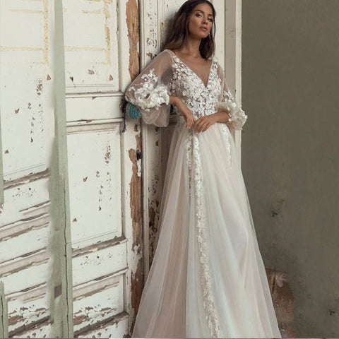 Charming Long Puffy Sleeves Wedding Dresses A-Line V Neck Appliques Open Back Sweep Train Bridal Gown Custom Made