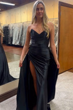 Sweetheart Satin Ruched Sheath Long Prom Dress with Slit
