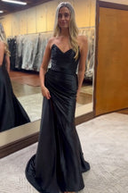 Sweetheart Satin Ruched Sheath Long Prom Dress with Slit