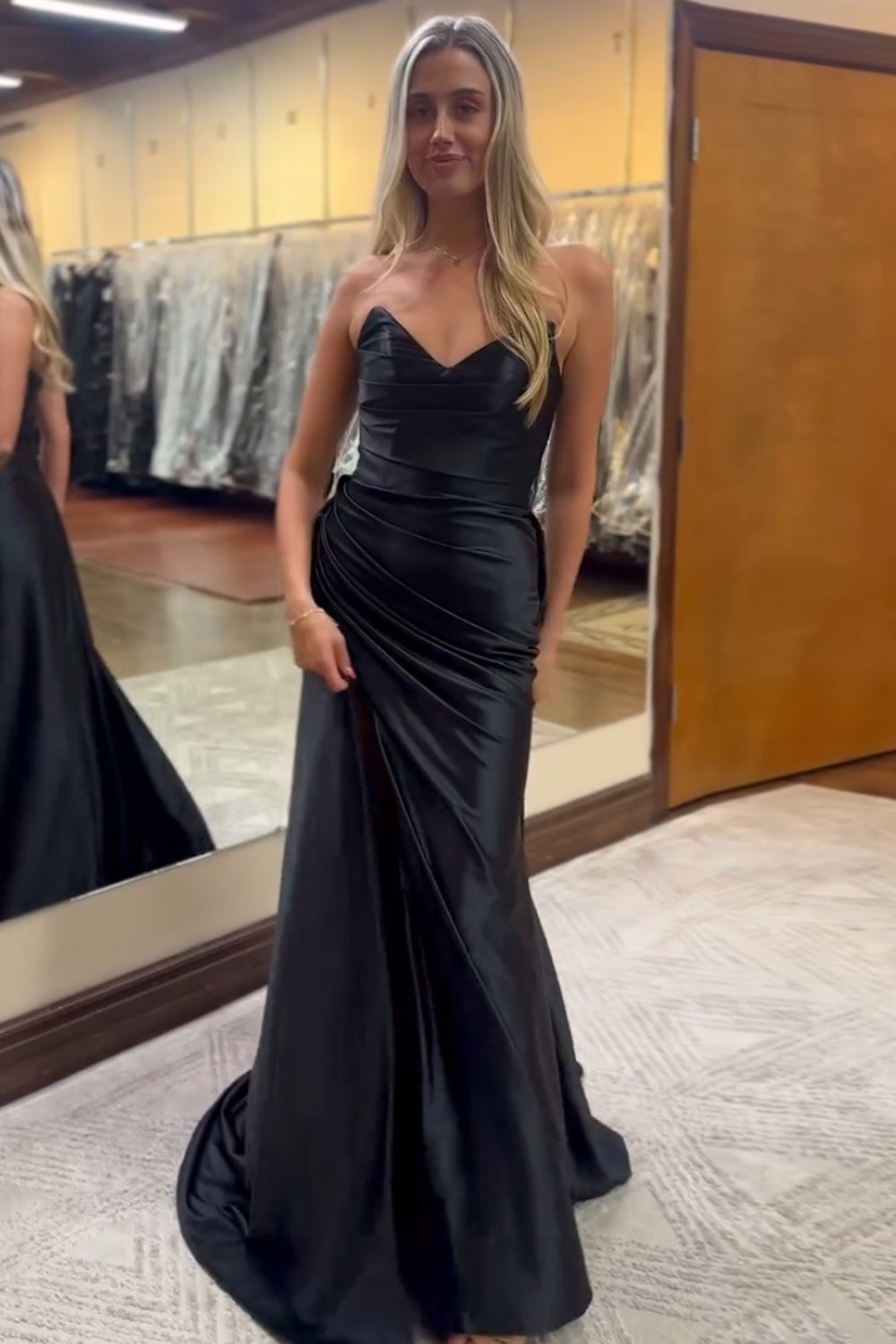 Sweetheart Satin Ruched Sheath Long Prom Dress with Slit