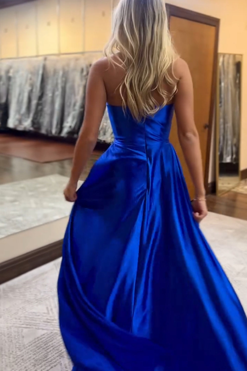 Sweetheart Satin Ruched Sheath Long Prom Dress with Slit