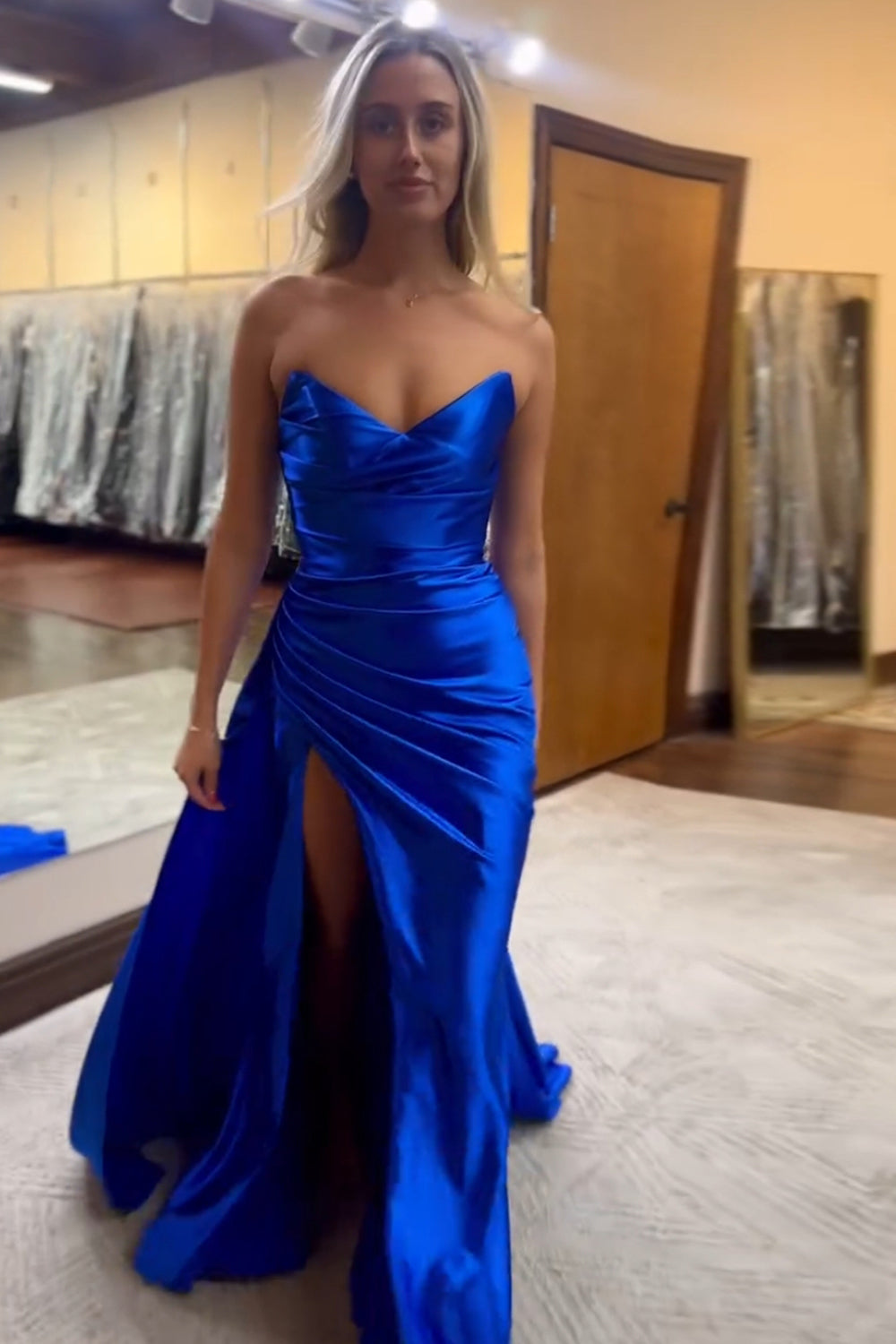 Sweetheart Satin Ruched Sheath Long Prom Dress with Slit
