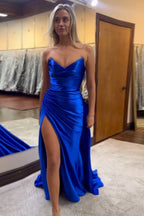 Sweetheart Satin Ruched Sheath Long Prom Dress with Slit