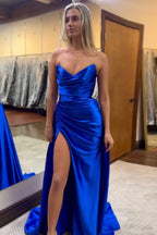 Sweetheart Satin Ruched Sheath Long Prom Dress with Slit