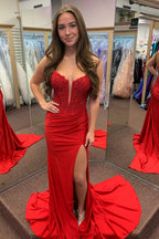 Spaghetti Straps Beaded Appliqued Long Corset Prom Dress with Slit