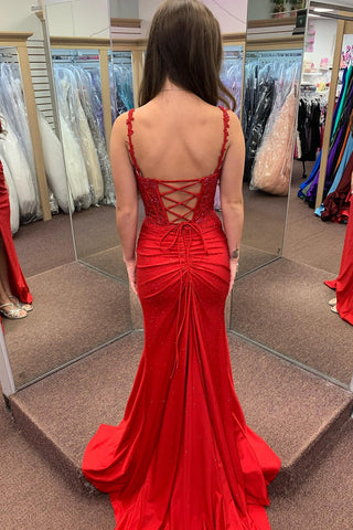 Spaghetti Straps Beaded Appliqued Long Corset Prom Dress with Slit