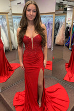 Spaghetti Straps Beaded Appliqued Long Corset Prom Dress with Slit