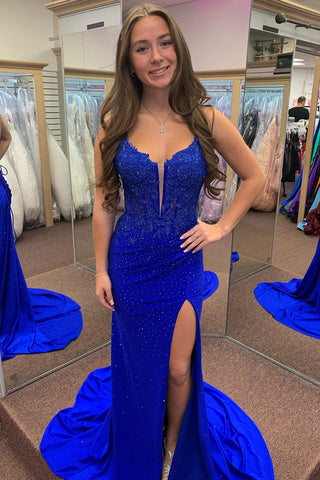 Spaghetti Straps Beaded Appliqued Long Corset Prom Dress with Slit
