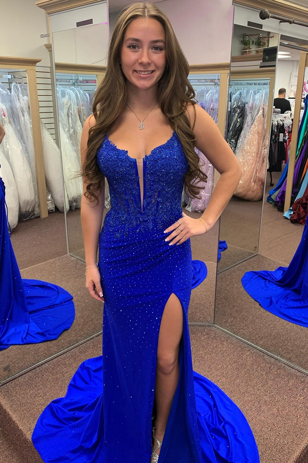 Spaghetti Straps Beaded Appliqued Long Corset Prom Dress with Slit