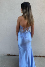 Strapless Satin Mermaid Appliqued Long Corset Prom Dress with Slit
