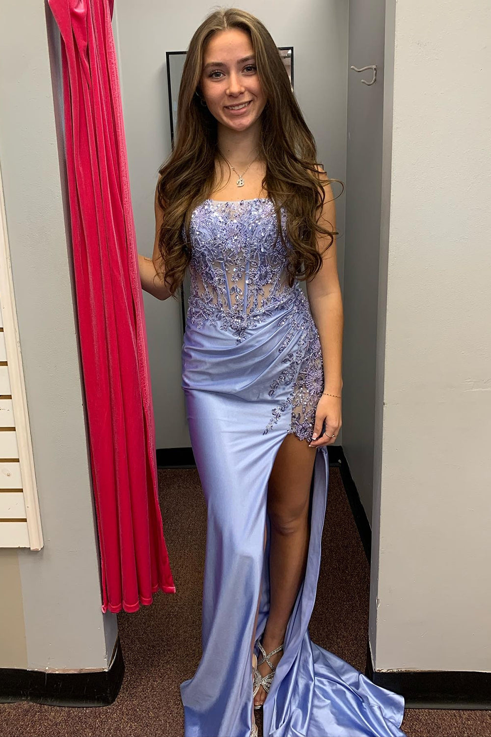 Strapless Satin Mermaid Appliqued Long Corset Prom Dress with Slit