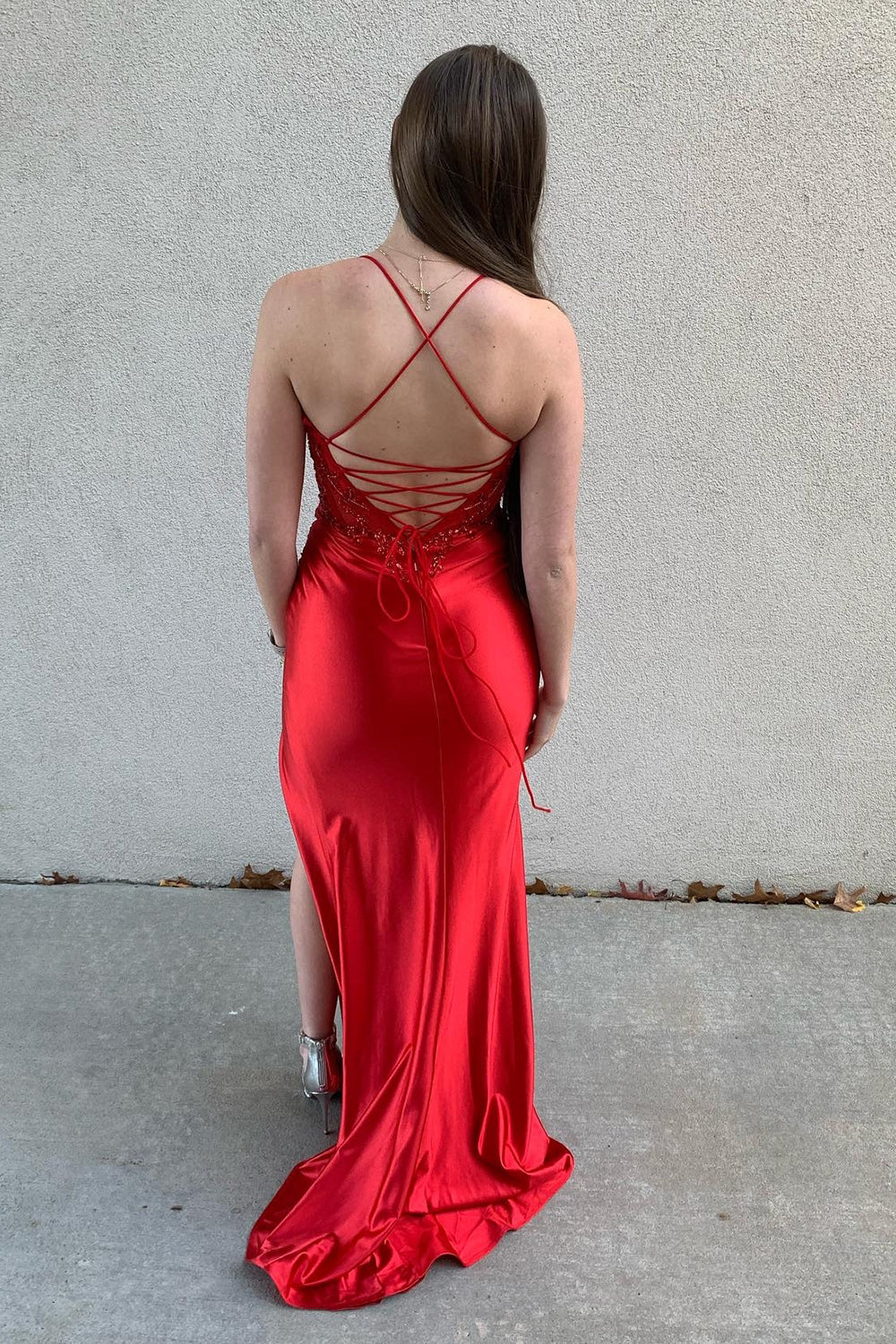 Spaghetti Straps Satin Mermaid Long Corset Prom Dress with Beading