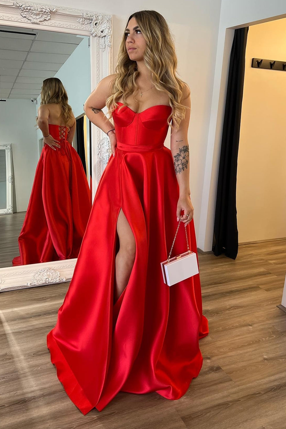 Sweetheart Satin A-Line Long Corset Prom Dress with Slit