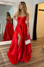 Sweetheart Satin A-Line Long Corset Prom Dress with Slit
