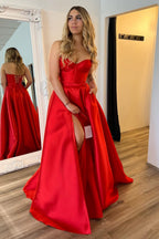 Sweetheart Satin A-Line Long Corset Prom Dress with Slit