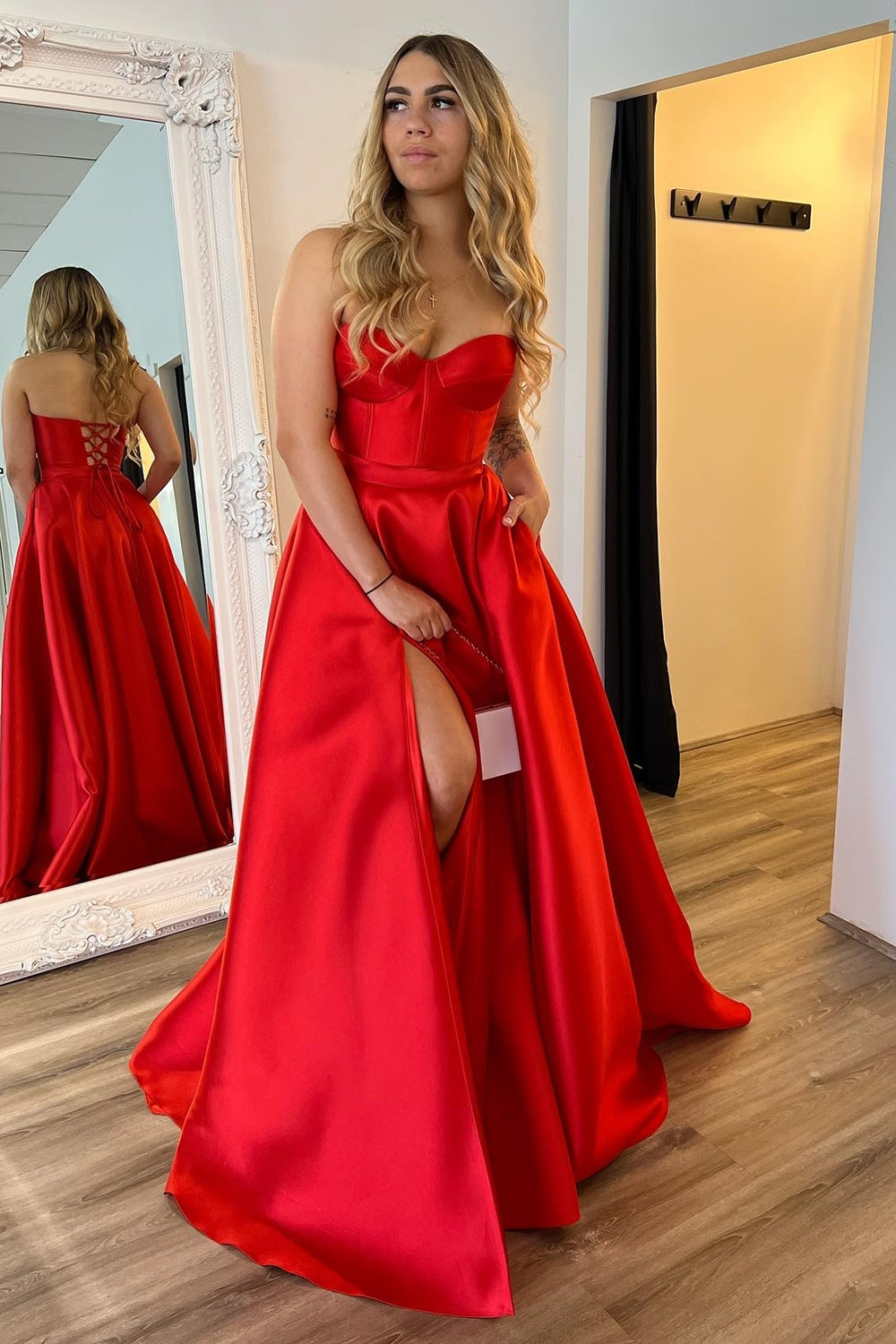 Sweetheart Satin A-Line Long Corset Prom Dress with Slit