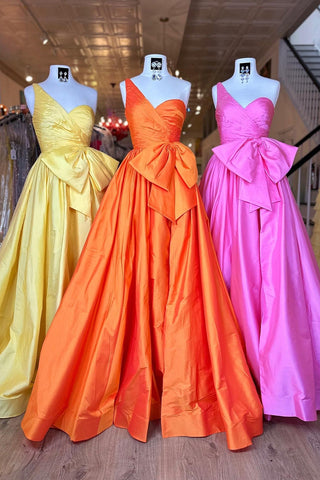 One Shoulder Princess Satin Long Prom Dress with Bow