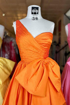 One Shoulder Princess Satin Long Prom Dress with Bow