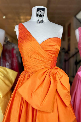 One Shoulder Princess Satin Long Prom Dress with Bow