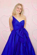 One Shoulder Princess Satin Long Prom Dress with Bow