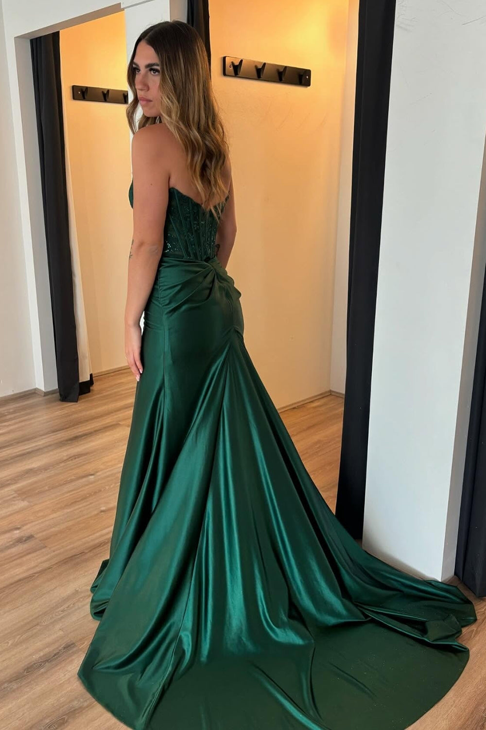 Strapless Satin Mermaid Long Corset Prom Dress with Appliques