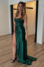 Strapless Satin Mermaid Long Corset Prom Dress with Appliques