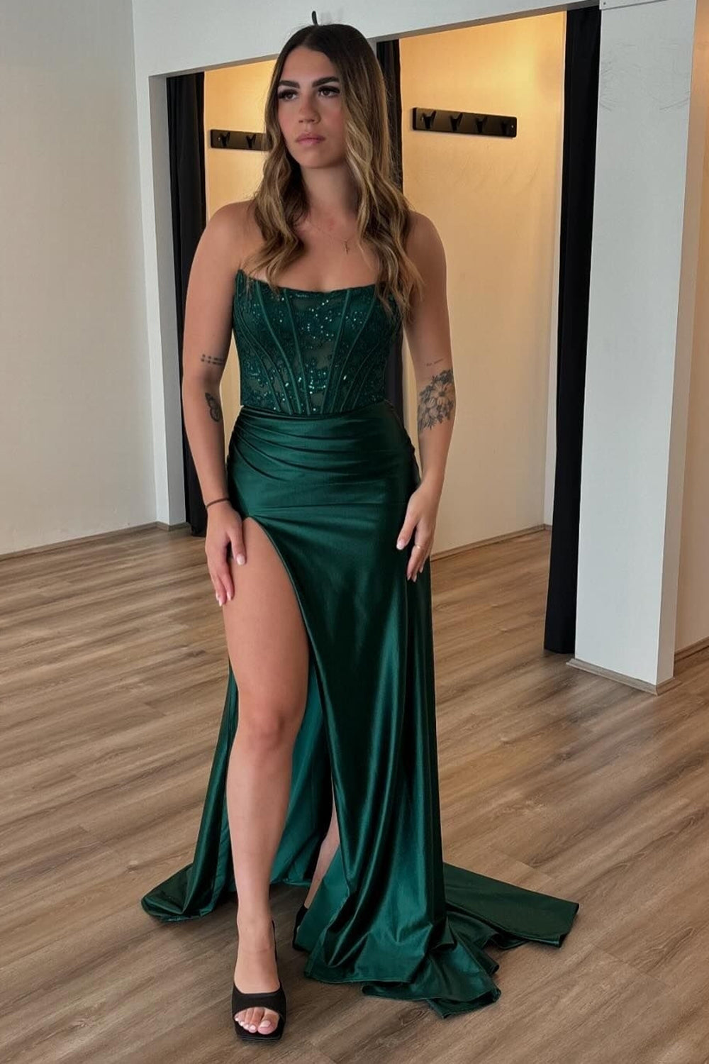 Strapless Satin Mermaid Long Corset Prom Dress with Appliques