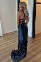 Satin Mermaid Spaghetti Straps Long Corset Prom Dress with Appliques