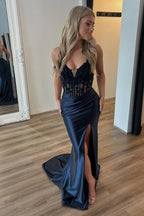 Satin Mermaid Spaghetti Straps Long Corset Prom Dress with Appliques