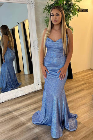Spaghetti Straps Sequins Mermaid Long Prom Dress with Criss Cross Back