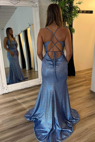 Spaghetti Straps Sequins Mermaid Long Prom Dress with Criss Cross Back