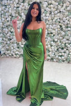 Strapless Mermaid Ruched Long Corset Prom Dress with Slit