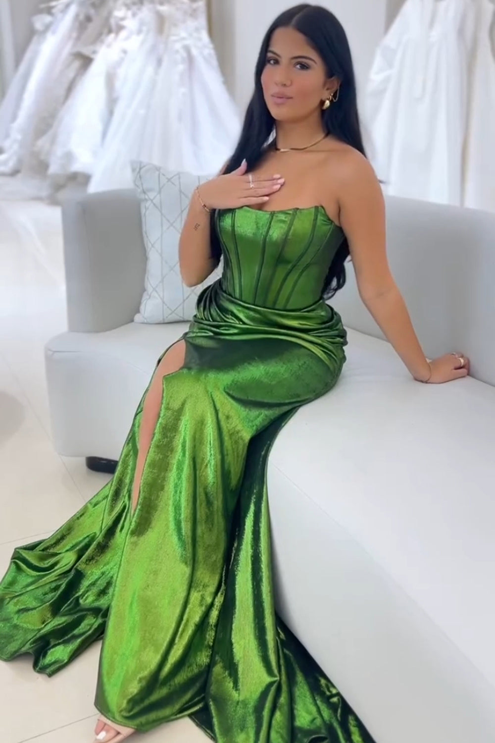 Strapless Mermaid Ruched Long Corset Prom Dress with Slit