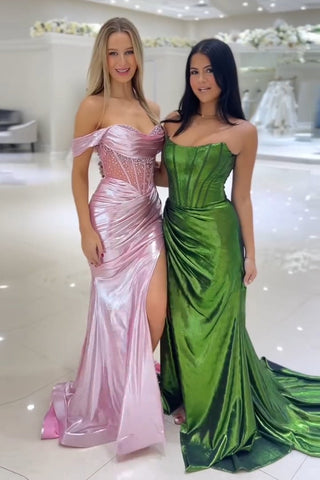 Strapless Mermaid Ruched Long Corset Prom Dress with Slit