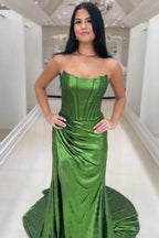 Strapless Mermaid Ruched Long Corset Prom Dress with Slit