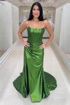 Strapless Mermaid Ruched Long Corset Prom Dress with Slit