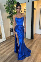 Satin Strapless Mermaid Long Corset Prom Dress with Slit