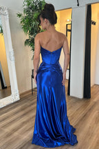 Satin Strapless Mermaid Long Corset Prom Dress with Slit